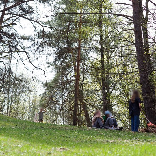 Miško laukymėje grupė vaikų dalyvauja aplinkos tvarkymo veikloje. Vienas vaikas grėbia lapus su oranžiniu grėbliu prie medžių, trys kiti sėdi ant žolės ir ilsisi ar bendrauja. Tolumoje dar vienas vaikas neša baltą šiukšlių maišą.