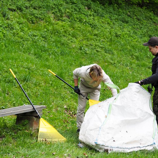 Du žmonės dirba parke – vienas laiko didelį baltą maišą, kitas pila į jį surinktus lapus. Šalia stovi dvi geltonos grėblio formos šluotos, o aplinkui žaliuoja veja ir šlaitas.