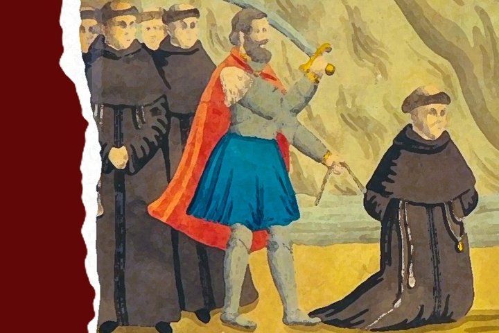Šiame paveiksle vaizduojama dramatiška istorinė scena – keli vienuoliai, tikėtina pranciškonai, tarp jų vienas klūpintis, pasiruošęs kankinystei. Šalia stovi ginkluotas vyras trumpais mėlynais drabužiais, šarvuotas, su raudonu apsiaustu ir pakeltu kalavij