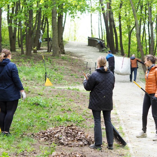 Miško take stovi trys moterys su grėbliais, o tolumoje du vyrai neša didelį baltą maišą pilną lapų. Aplinkui žaluma ir sužaliavę medžiai, o takas veda į kalną su mediniu turėklu viršuje.