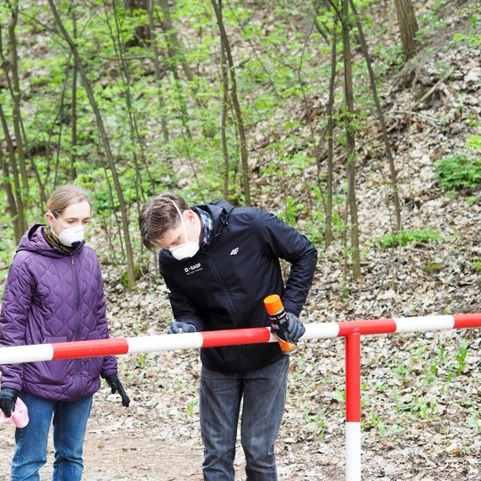 Vyras ir moteris, dėvintys apsaugines kaukes, valo raudonai baltą užtvarą miško take. Vyras naudoja aerozolinį valiklį, o moteris rankoje laiko šluostę.