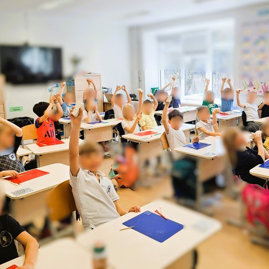 Nuotraukoje matome pradinių klasių mokinius klasėje. Vaikai sėdi prie stalų, pakėlę rankas aukštyn, laikydami kažką rankose – tai modelinas. Klasėje šviesu, pro didelius langus sklinda dienos šviesa. Ant sienų kabinami plakatai, vienas jų – „MŪSŲ GIMTADIE