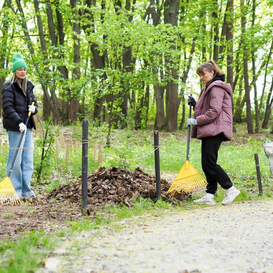 Dvi moterys su grėbliais stovi prie surinktų lapų krūvos miške, šalia matyti pilnas baltas maišas. Aplinkui – pavasariškai sužaliavę medžiai.