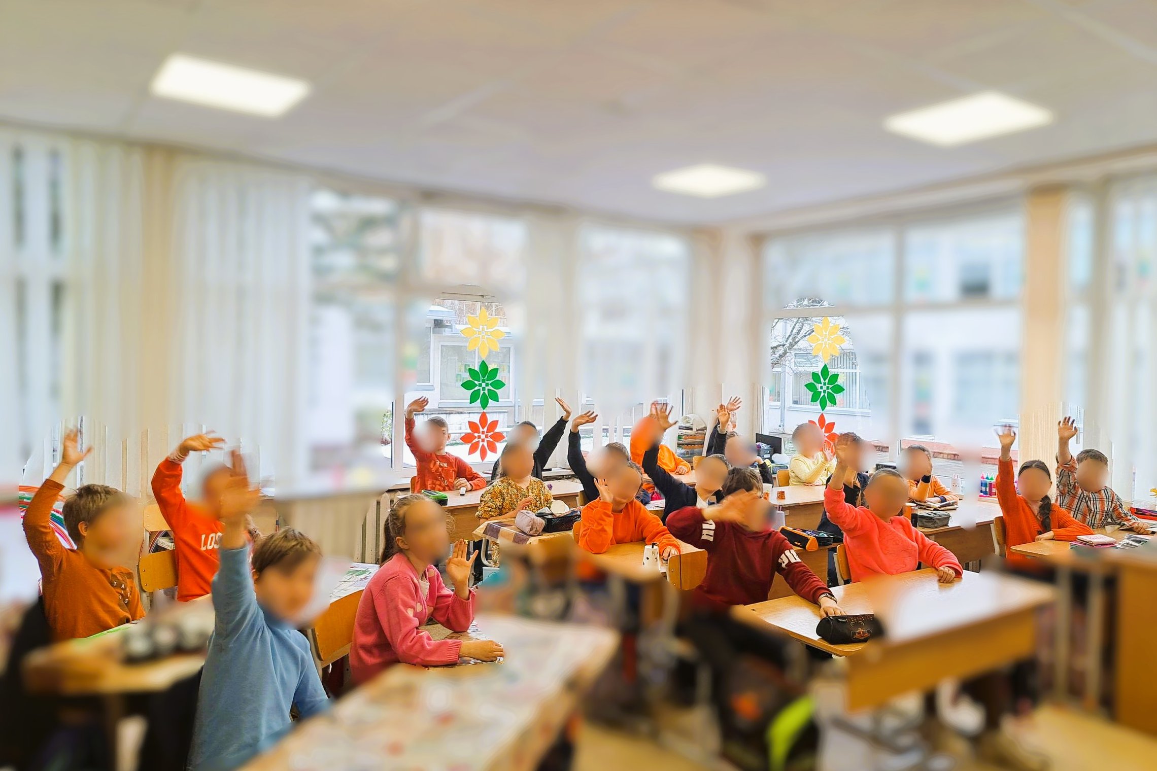 Nuotraukoje matoma pilna klasė vaikų. Vaikai, maždaug dešimties metų. Jie sėdi suoluose. Jų rankos pakeltos, jie mojuoja. Dauguma vaikų yra apsirengę vienodos spalvos laisvalaikio drabužius, nes penktadieniais mokyklose leidžiama ateiti be uniformos ir ši