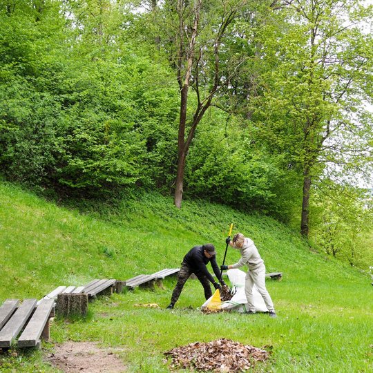 Du žmonės tvarko parką – vienas laiko maišą, kitas sugrėbtus lapus į jį pila grėbliu. Veiksmas vyksta žaliame šlaite tarp suolelių, apsuptame vešlių medžių.
