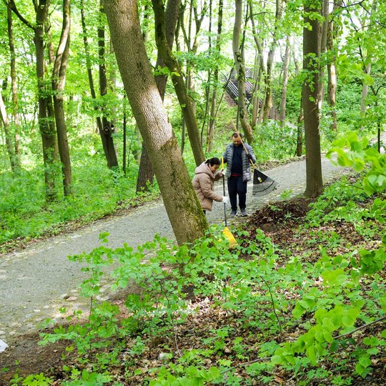 Du asmenys, vyras ir moteris miške tvarko aplinką – viena surenka šiukšles su grėbliu, kita laiko maišą. Jos stovi prie miškingo tako, apsupto ryškiai žalios lapijos.