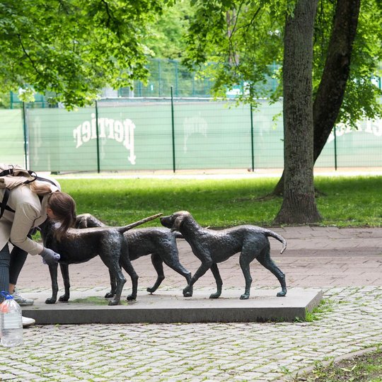 Moteris valo bronzinę šunų skulptūrą parke, pasilenkusi prie vieno iš trijų šunų. Šalia stovi plastikinis butelis su vandeniu, fone matyti teniso kortų tvora.