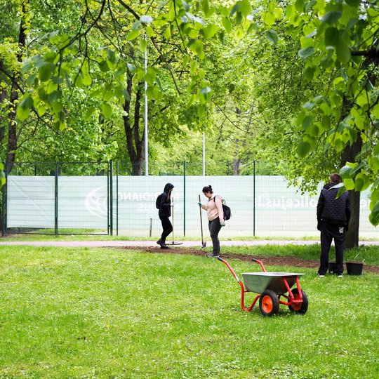Parke keli žmonės dirba prie žemės tako, laikydami grėblius ir kibirus. Priekyje stovi tuščias raudonas karutis, o fone matyti tvora ir medžiai.
