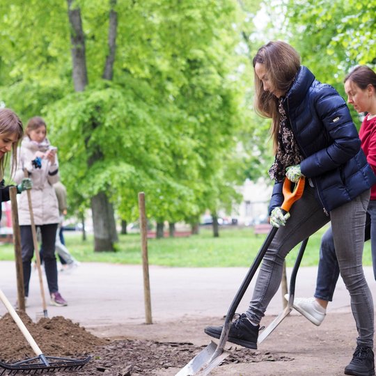 Moterys su kastuvu ir grėbliu tvarko žemę parke. Fone matyti daugiau žmonių, dalyvaujančių talkoje tarp žalių medžių.