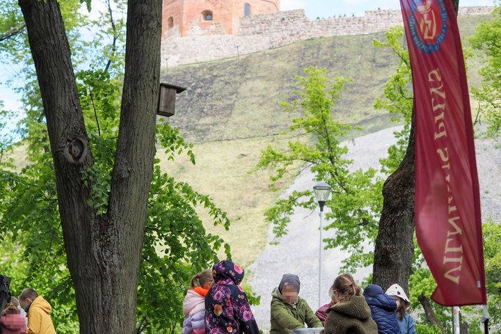 Vaikai dalyvauja edukacinėje veikloje lauke prie stalo, apsupti medžių, Gedimino kalno papėdėje. Fone matomas Gedimino pilies bokštas ir akmenimis sutvirtintas šlaitas. Dešinėje pusėje plazda raudona vėliava su užrašu „Lietuvos pilys“. Vaikai apsirengę ši