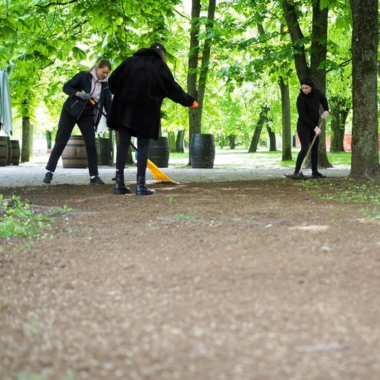 Trys moterys parke grėbia ką tik pasėtą žolę, tvarkydamos žemę tarp medžių. Aplinkui matyti mediniai suoliukai, statinės ir pavasarį sužaliavusi augmenija.