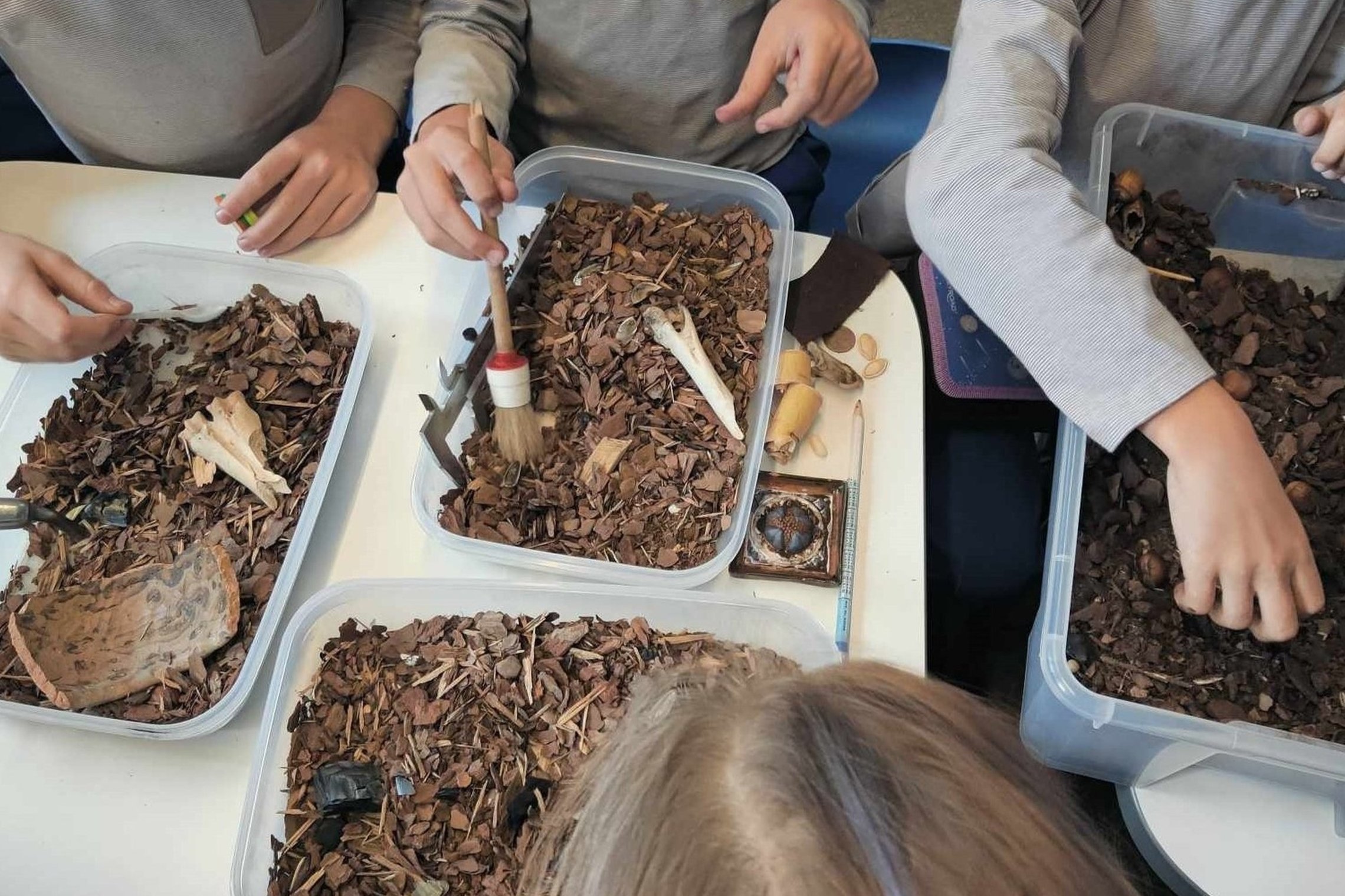 Vaikai tyrinėja dirbtinius kultūrinius sluoksnius dėžėse – ieško radinių, naudoja šepetėlius, pincetus ir kitus archeologijos įrankius.