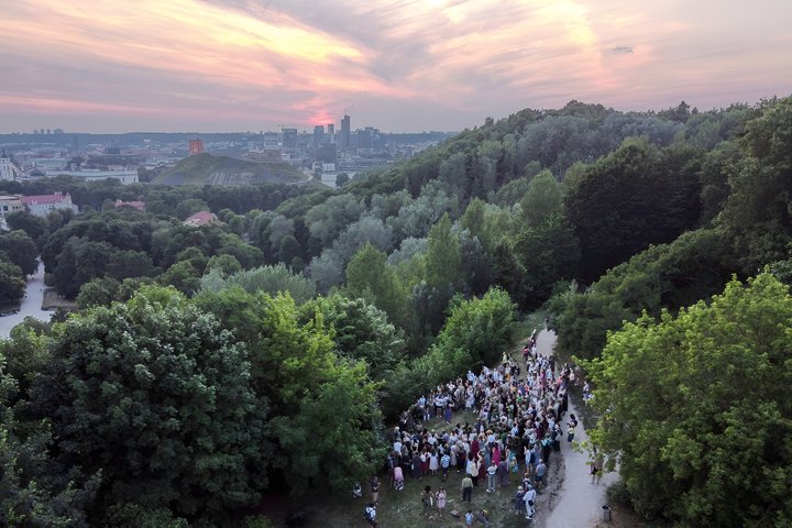Didelė žmonių grupė susirinkusi pievoje tarp medžių kalvotoje vietovėje, tolumoje matomas Gedimino pilies bokštas, apsuptas žalumos, o už jo – Vilniaus panorama.