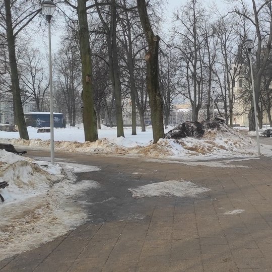 Pilių parkas. Nuvalyti takai, visur dar daug sniego aplinkui. Jis sustumtas į krūvas ir yra su žemių arba smėlio priemaišomis. Dešinėje matosi balti Valdovų rūmai. Parke stovi keli suoliukai.