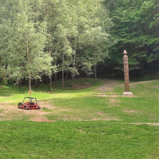 Labai šviežia vejos žolė - atliekama pirmoji pavasario šienapjūtė. Nuotraukoje žolę pjauna žolės robotas.