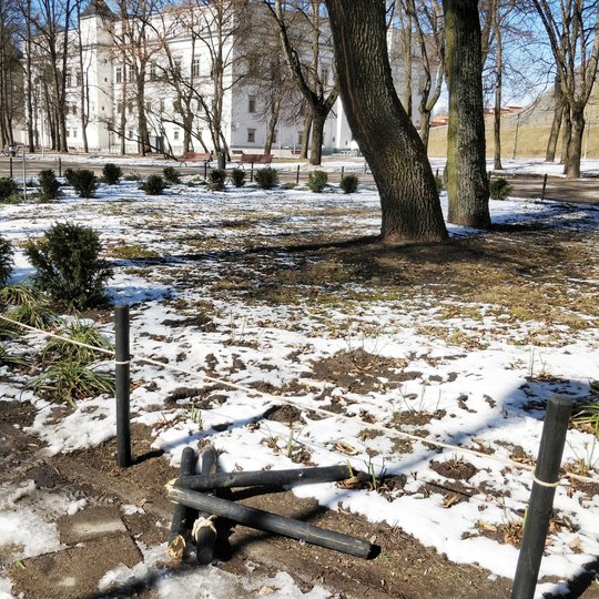 Pilių parko gėlynai. Pavasarėja, sniegas pažliugęs, šviečia saulė. Kažkas sulaužė keturis juodus medinius kuoliukus, kurie saugojo gėlynus nuo mindžiojimo.