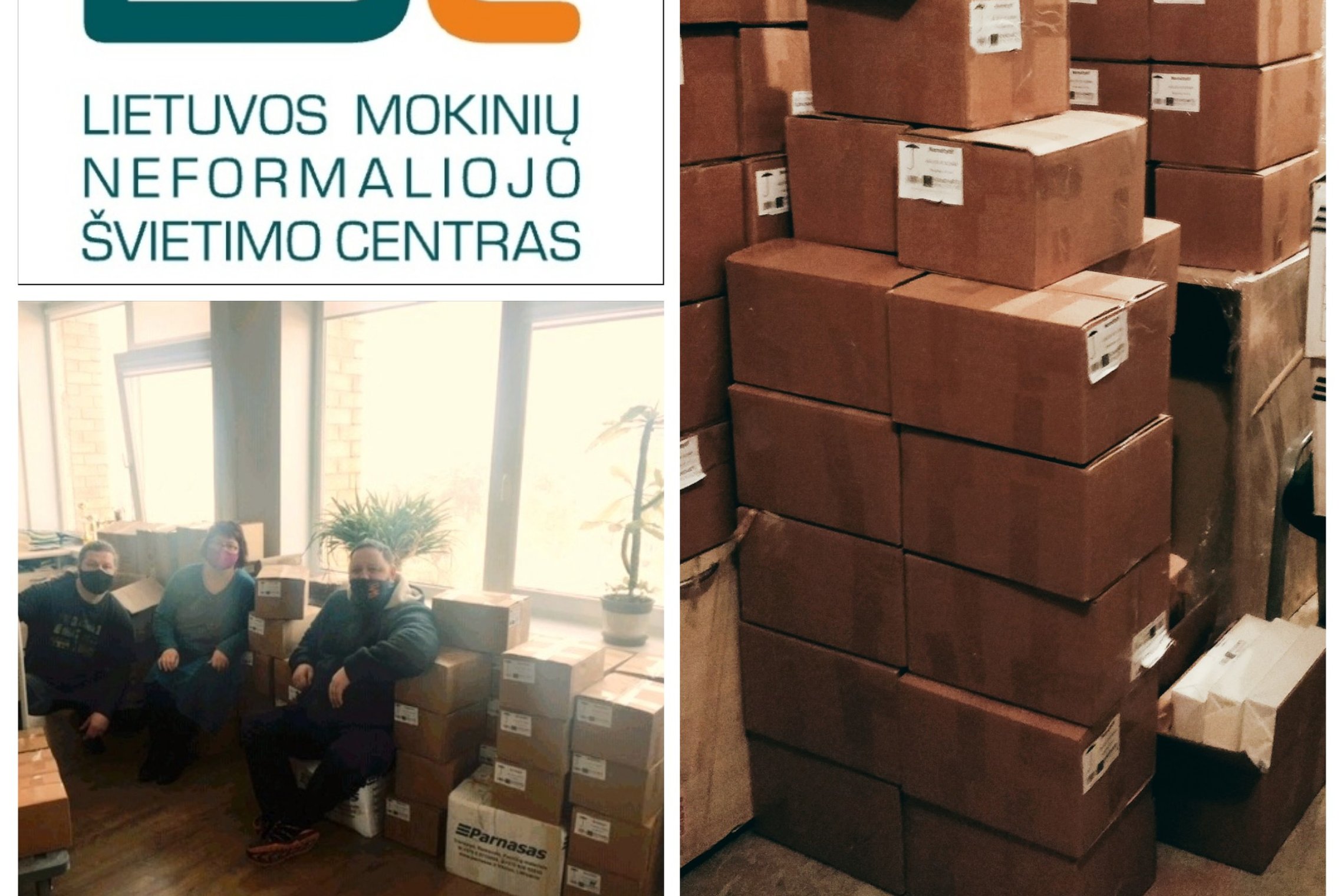 Sudėtos dėžės su knygomis. Paruoštos išvežti iš sandelio. Kitoje nuotraukos dalyje sėdi ant kėdžių žmonės, o šalia jų padėtos knygos dėžėse.