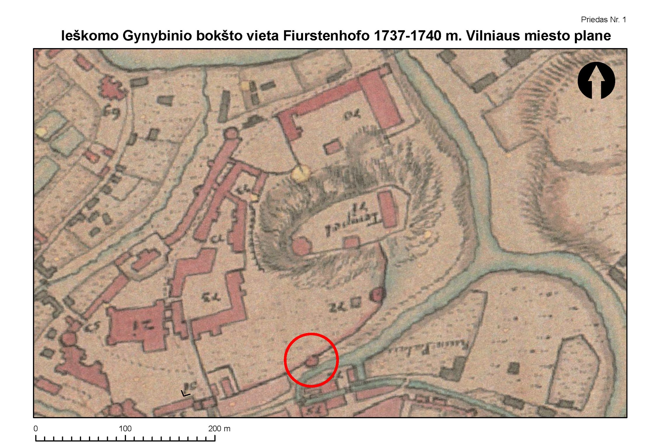Ieškomo gynybinio bokšto vieta Fiurstenhofo Vilniaus miesto plane. Vieta apibrėžta raudonu apskritimu.