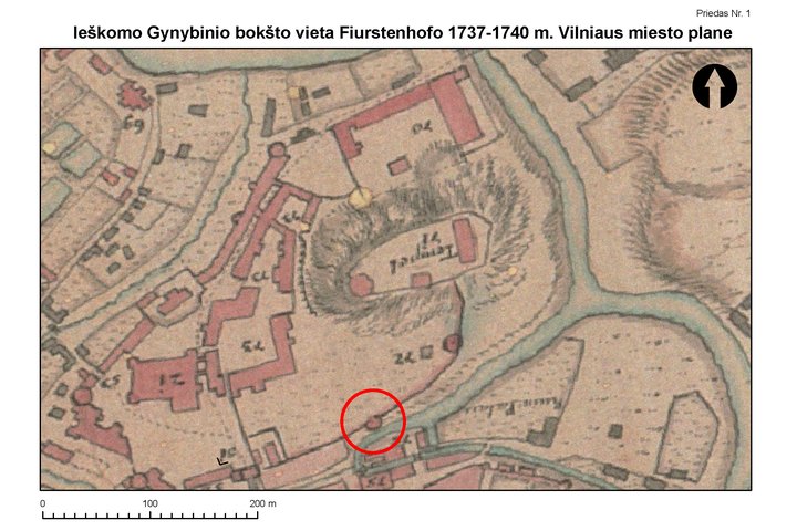 Ieškomo gynybinio bokšto vieta Fiurstenhofo Vilniaus miesto plane. Vieta apibrėžta raudonu apskritimu.