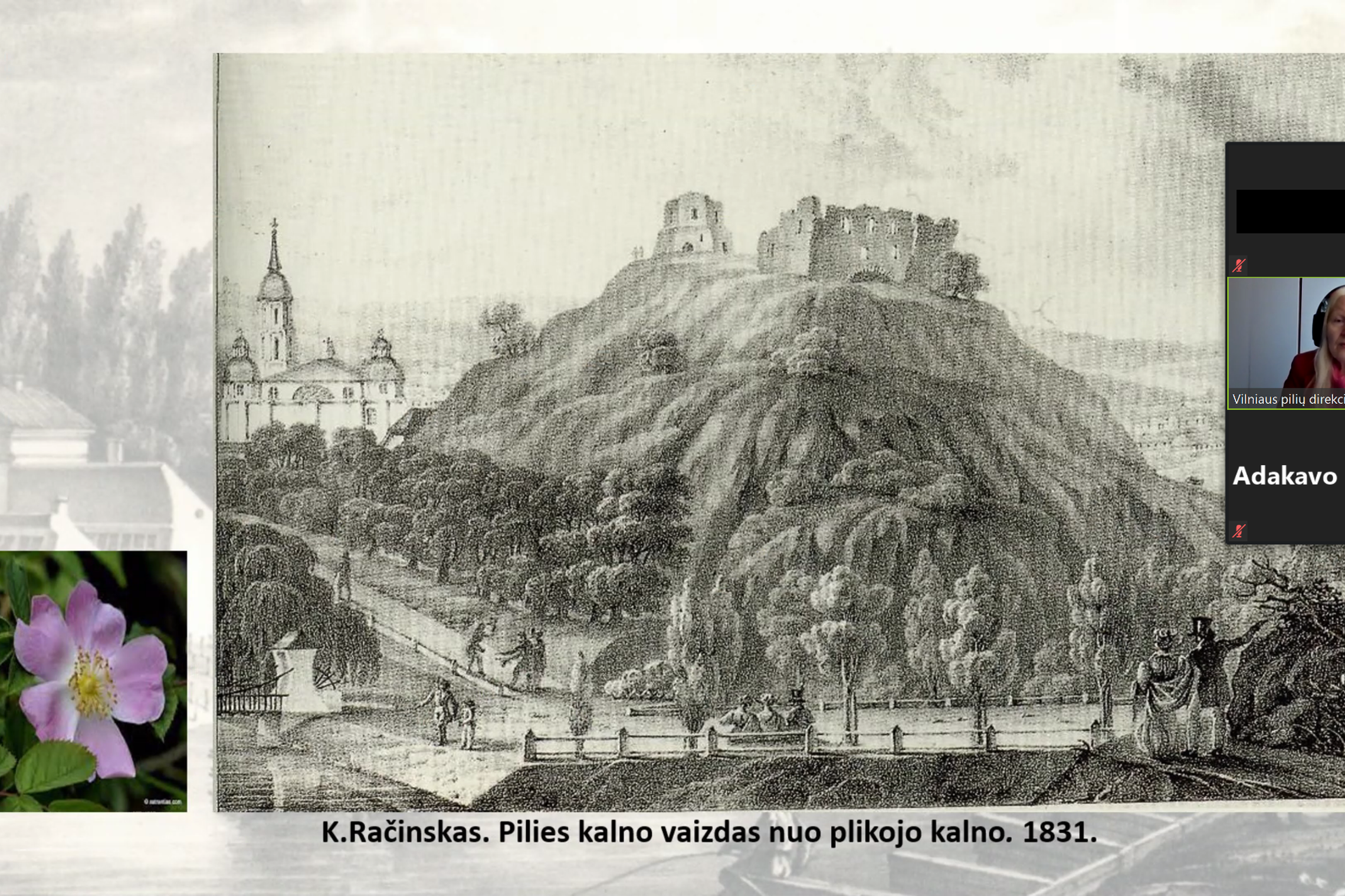 Gedimino pilies kalnas. Ant kalno pilies likučiai. Senos graviūros vaizdas pieštas nuo Trijų kryžių kalno.