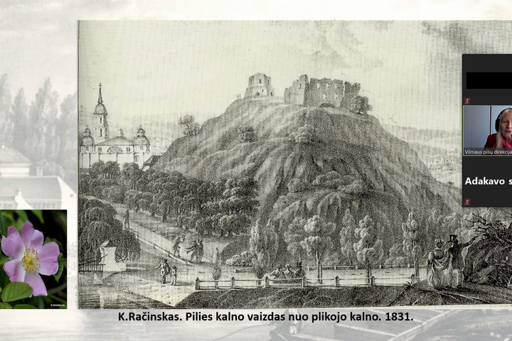 Gedimino pilies kalnas. Ant kalno pilies likučiai. Senos graviūros vaizdas pieštas nuo Trijų kryžių kalno.
