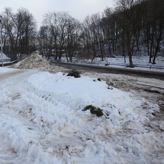 Nuotraukoje prodytas tas pats gėlynas žiemą, kai jis buvo suniokotas traktorių, kurie valo sniegą.