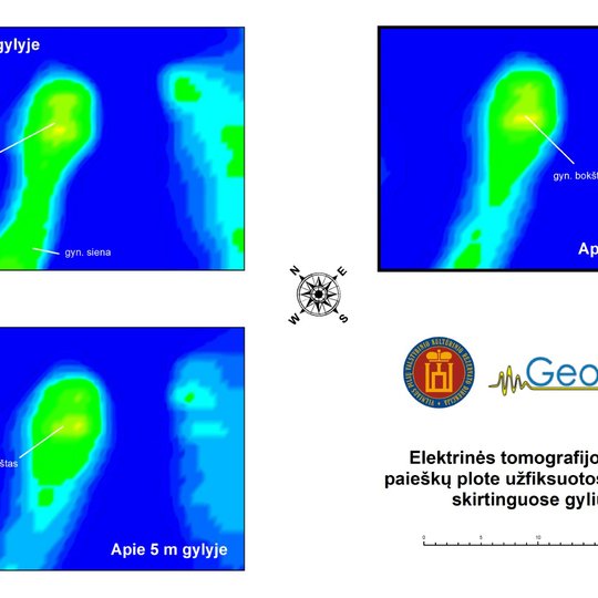 Elektrinės tomografijos metodu paieškų plote užfiksuotos anomalijos skirtinguose gyliuose.