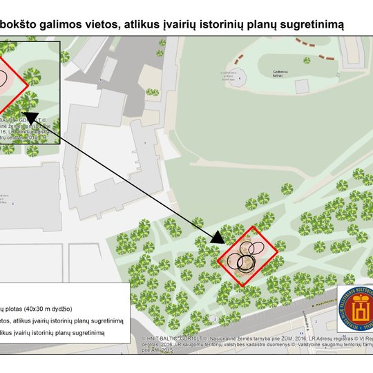 Ieškomo bokšto galimos vietos, atlikus įvairių istorinių planų sugretinimą.