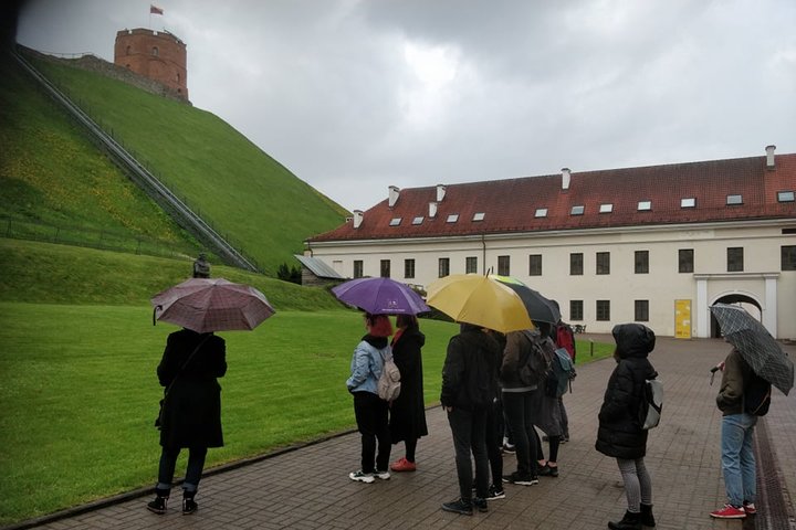 Ekskursijos grupė stovi Geimino kalno papėdėje. Lyja lietus, todėl žmonės yra su lietsargiais. Yra gaivi, nors ir lietinga gegužės diena. Šviežia žole pasidengias kalnas. Nuotraukos gilumoje matosi Lietuvos nacionalinio muziejaus pastatas.