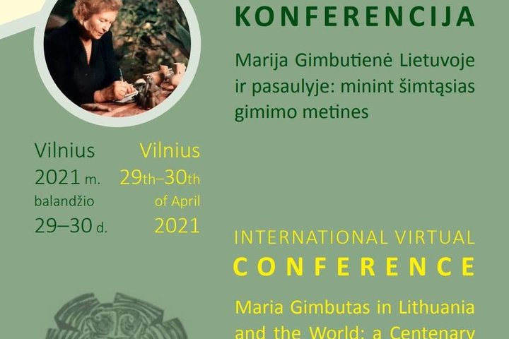 Marijai Gimbutenei skirto renginio plakatas. Kairiame plakato kampe yra Marijos Gimbutienės nuotrauka.