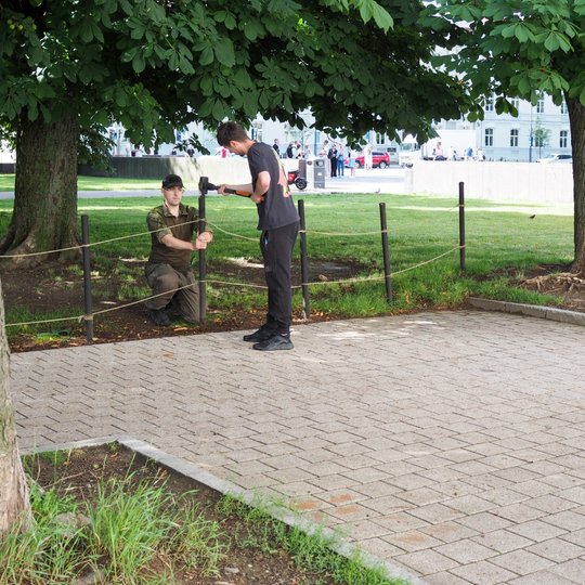Savanoriai tvarko laikinus atitvarus prie savavališkai išmintų takų vejoje. Kūju kalamas medinis kuolas.