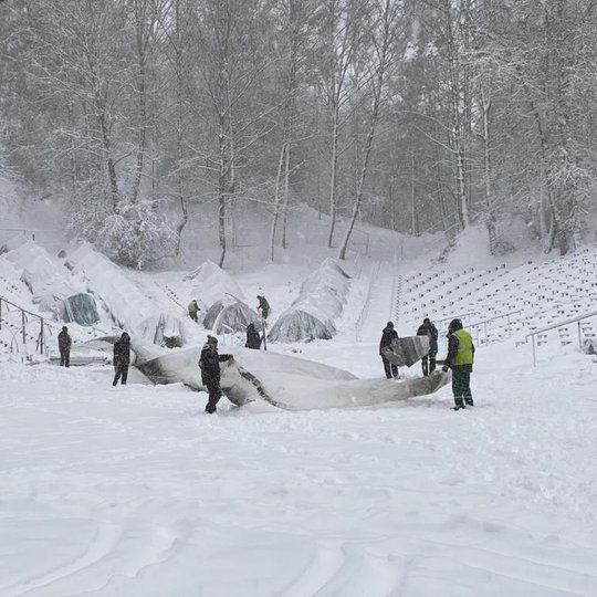 Burys vyrų gelbsti nuo sniego gausos sugriuvusį šiltnamį, kuriame jie žiemą atlieka statybinius darbus.