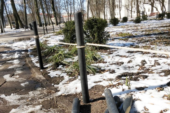 Pilių parko gėlynai. Pavasarėja, sniegas pažliugęs, šviečia saulė. Kažkas sulaužė keturis juodus medinius kuoliukus, kurie saugojo gėlynus nuo mindžiojimo.