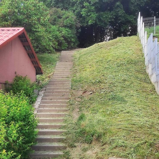 Laiptai į Vilniaus pilių rezervato teritoriją iš Užupio rajono Krivių gatvės. Apink laiptus nupjauta žolė.