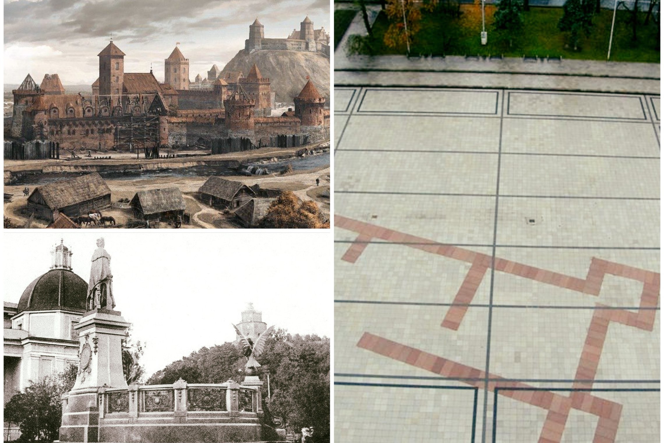 Nuotrauka iš trijų dalių. Pirmoje dalyje atkurtos Vilniaus pilys ir jų teritorija. Pirmame plane - Vilniaus Vyskupų rūmai. Antoje nuotraukos dalyje - šių Vyskupų rūmų vieta dabartinėje Katedros aikštėje pažymėti raudono granito plokštėmis. Trečioje daly