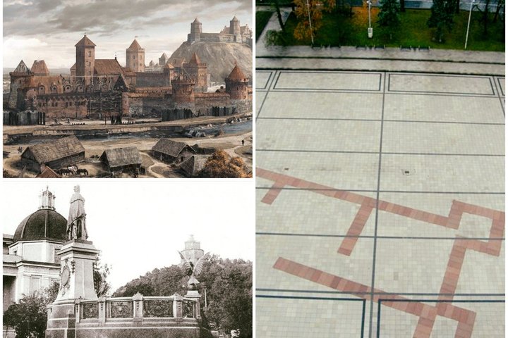   Nuotrauka iš trijų dalių. Pirmoje dalyje atkurtos Vilniaus pilys ir jų teritorija. Pirmame plane - Vilniaus Vyskupų rūmai. Antoje nuotraukos dalyje - šių Vyskupų rūmų vieta dabartinėje Katedros aikštėje pažymėti raudono granito plokštėmis. Trečioje daly