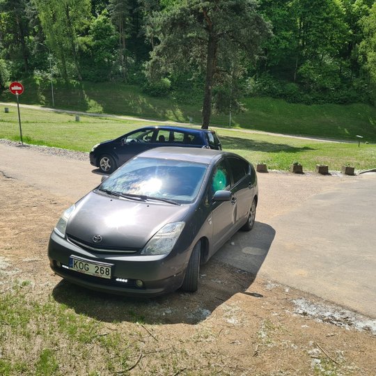 Netvarkingai sustatytos mašinos parkavimo aikštėje. Mašinų savininkams yra svetimos Kelių eismo taisyklės ir bandanti išdygti nauja gyvybė - žolė.
