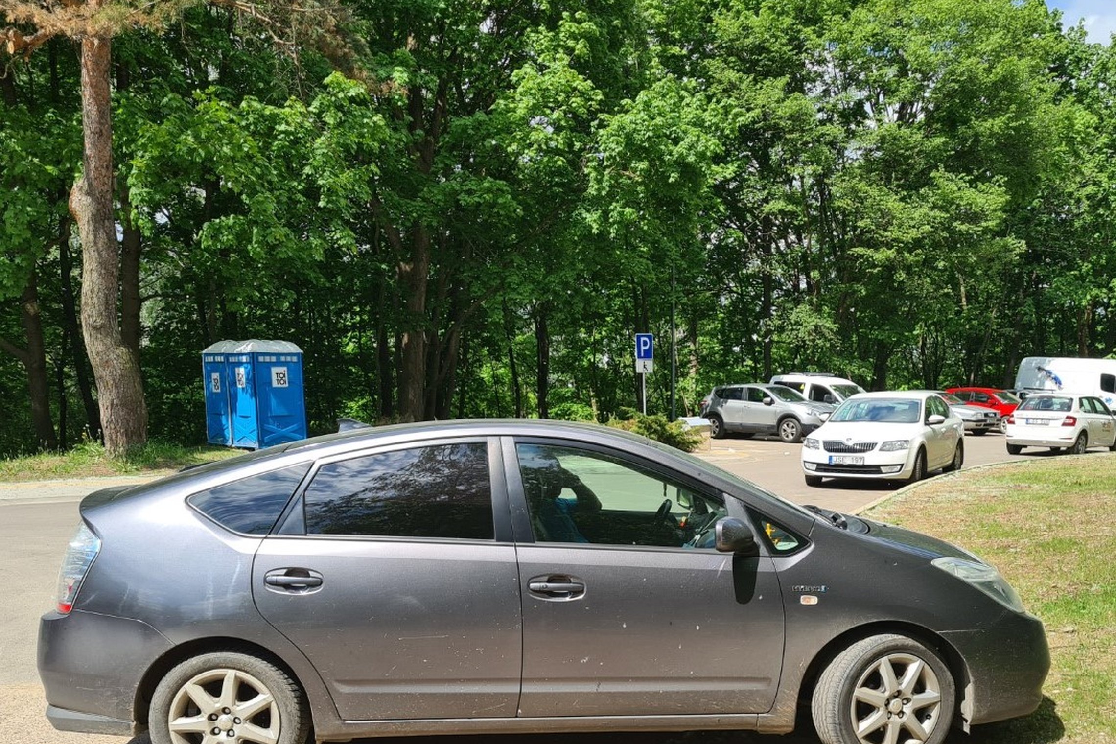 Netvarkingai sustatytos mašinos parkavimo aikštėje. Mašinų savininkams yra svetimos Kelių eismo taisyklės ir bandanti išdygti nauja gyvybė - žolė.