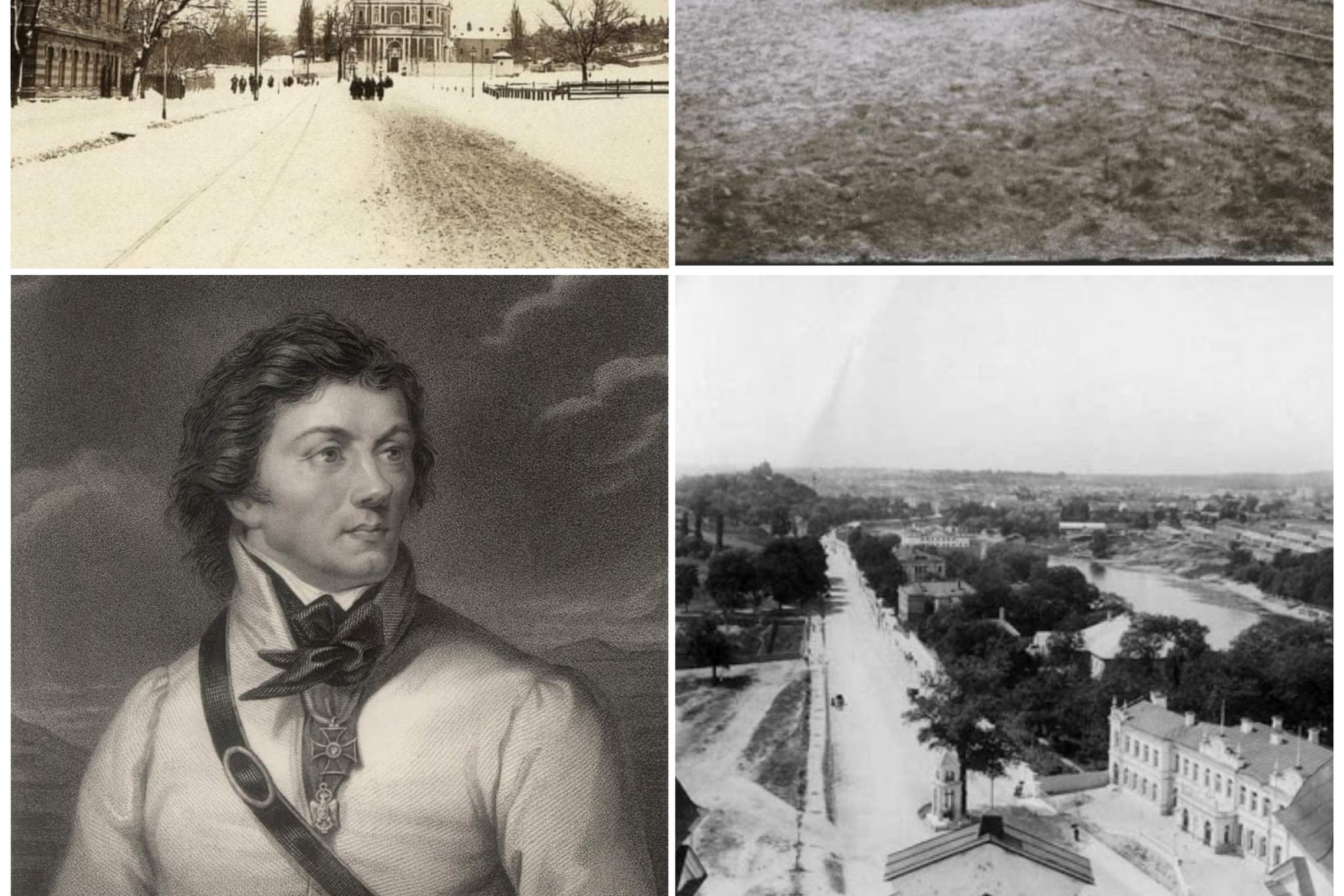 Nuotrauka iš keturių dalių. Pirmoje, antroje ketvirtoje dalyje T. Kosciuškos gatvė cariniu laikotarpyje, trečioje dalyje - T. Kosciuškos portretas. Pirmoje nuotraukoje matosi Šv. Petro ir Povilo bažnyčia. Antroje nuotraukoje važiuoja vienišas vežimas ką t
