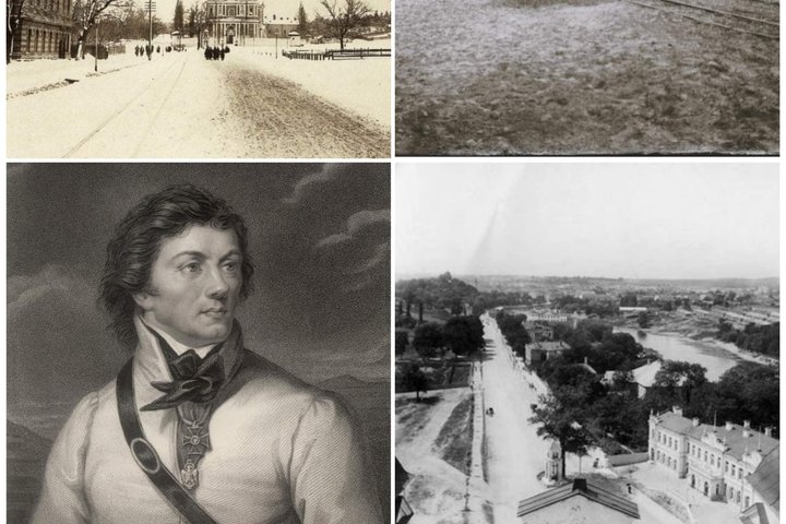 Nuotrauka iš keturių dalių. Pirmoje, antroje ketvirtoje dalyje T. Kosciuškos gatvė cariniu laikotarpyje, trečioje dalyje - T. Kosciuškos portretas. Pirmoje nuotraukoje matosi Šv. Petro ir Povilo bažnyčia. Antroje nuotraukoje važiuoja vienišas vežimas ką t
