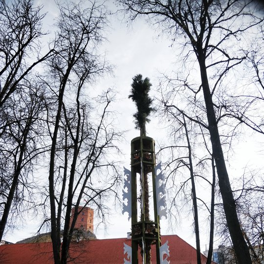 Mindaugo paminklo skvere dar neatsigavusi po žiemos veja. Ant vejos pastatyta milžiniška verba. Verbų skulptūros šiemet pasirinktos kaip Pavasario lygiadienį įprasminantis bei gyvybės medį atspindintis simbolis.