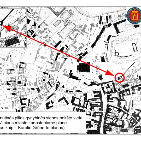 Surasto Vilniaus Žemutinės pilies gynybinės sienos bokšto vieta 1808 metų Vilniaus miesto kadastriniame plane (dar žinomas kaip – Karolio Grünerto planas).
