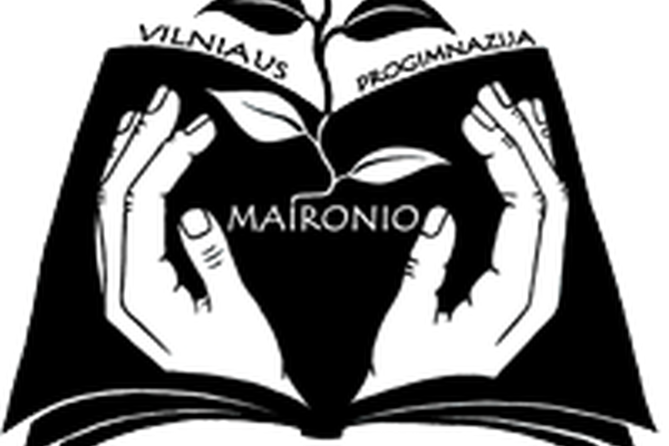 Vilniaus Maironio progimnazijos logotipas. Dvi rankos laiko gležną augalo daigelį. Rankos pavaizduotos ant knygos.