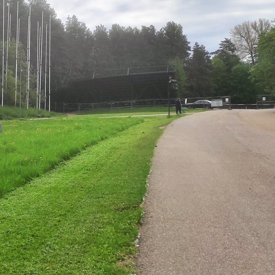 Pirmoji pavasario žolė, kuri šienaujama. Graži nupjautos vejos dalis šalia tako į Vilniaus pilių rezervatą.