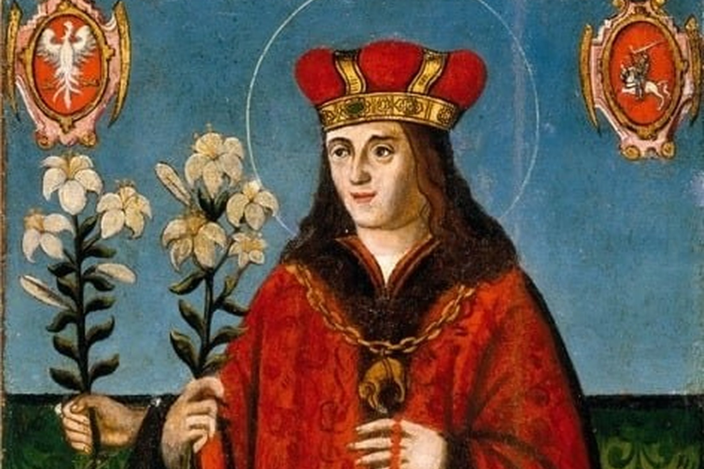 Paveiksle matomas iki pusės stovintis ilgų plaukų vyras - tai Šv. Kazimieras. Šv.Kazimieras turi tris rankas. Dvejose rankose laiko lelijos žiedus, kitoje laiko vėrinį. Jis dėvi ilgą raudoną apsiaustą, ant galvos kunigaikščio kepurė bei gana storą grandi