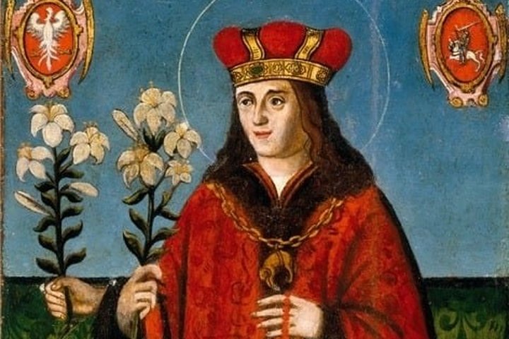  Paveiksle matomas iki pusės stovintis ilgų plaukų vyras - tai Šv. Kazimieras. Šv.Kazimieras turi tris rankas. Dvejose rankose laiko lelijos žiedus, kitoje laiko vėrinį. Jis dėvi ilgą raudoną apsiaustą, ant galvos kunigaikščio kepurė bei gana storą grandi