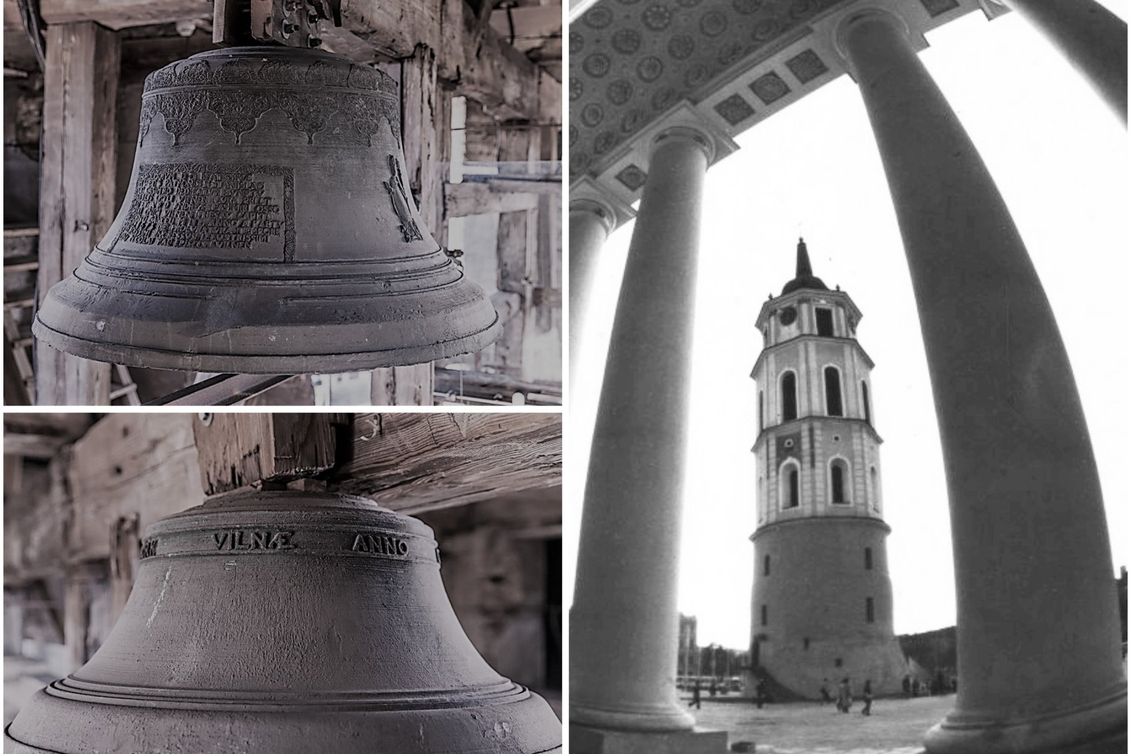 Nuotrauka sudaryta iš trijų dalių. Kairiame šone nuotraukos pavaizduoti du seniausi Vilniaus katedros varpai. Dešinėje nuotraukos netikėtu rakursu nufotografuota tarp katedros kolonų stovinti Vilniaus katedros varpinė.