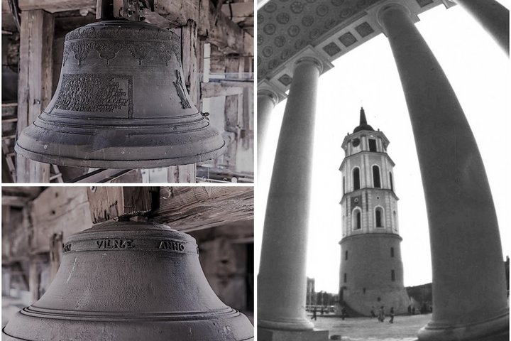 Nuotrauka sudaryta iš trijų dalių. Kairiame šone nuotraukos pavaizduoti du seniausi Vilniaus katedros varpai. Dešinėje nuotraukos netikėtu rakursu nufotografuota tarp katedros kolonų stovinti Vilniaus katedros varpinė.