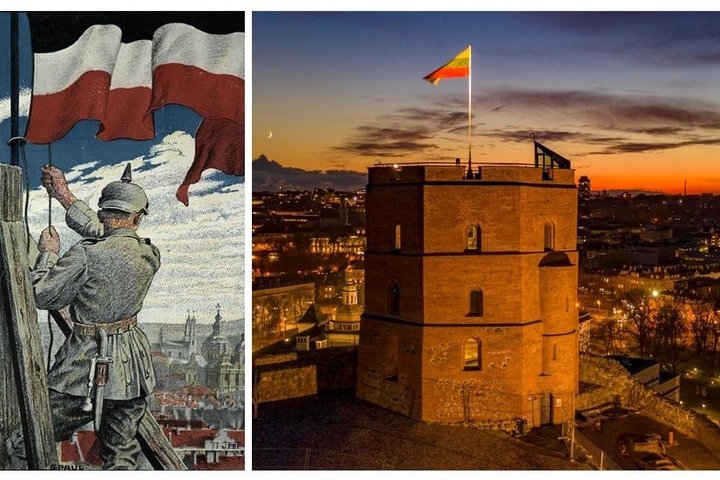 Nuotrauka sudaryta iš trijų nuotraukų. Kairėje matomas pieštas Gedimino pilies bokštas. Jis yra dviejų aukštų ir su medine būda viršuje. Ant bokšto matyti iškelta geltona vėliava su herbu. Tai Rusijos imperijos vėliava. Antroje nuotraukoje matyti nupiešta
