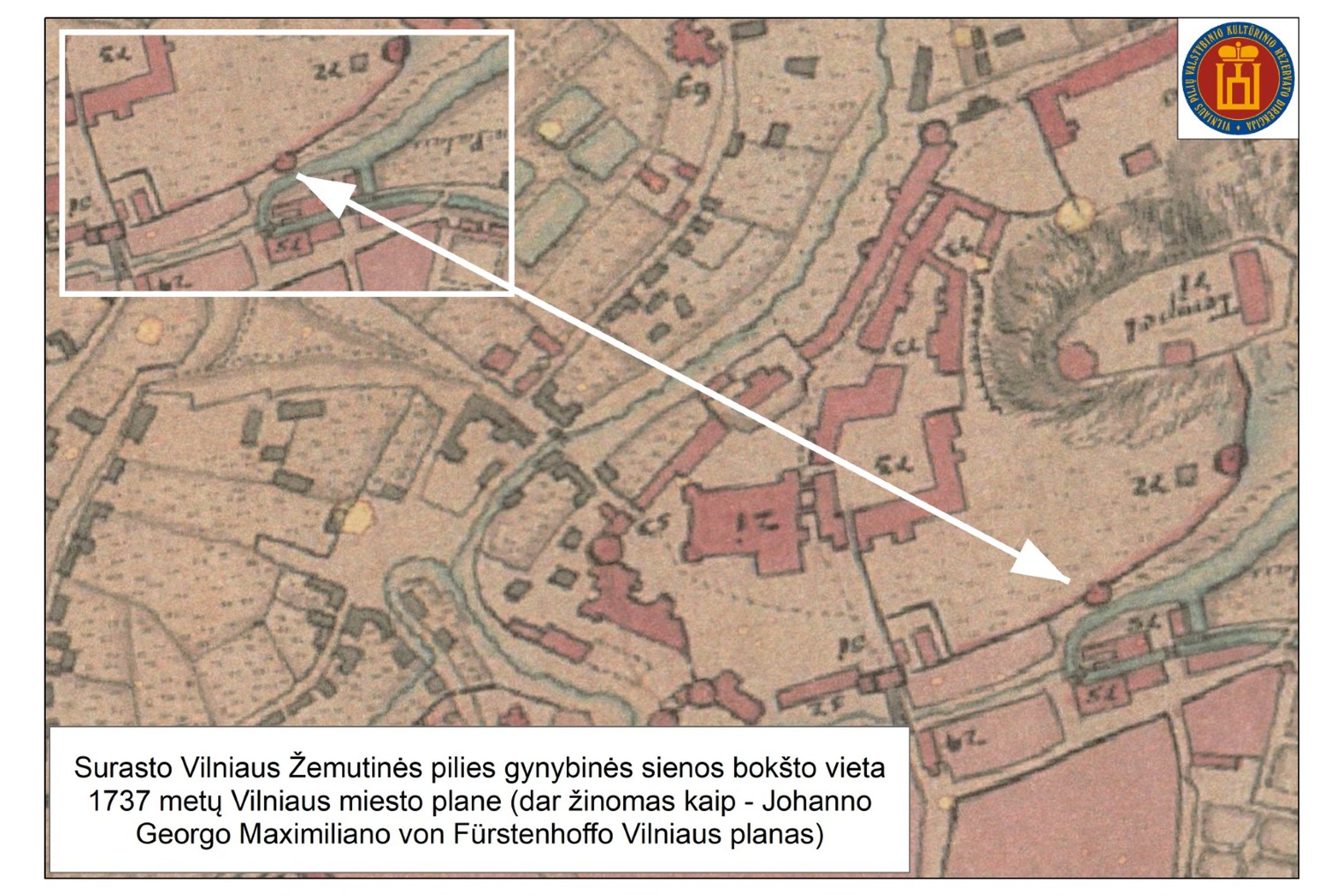Surasto Vilniaus Žemutinės pilies gynybinės sienos bokšto vieta 1737 metų Vilniaus miesto plane (dar žinomas kaip – Johanno Georgo Maximiliano von Fürstenhoffo Vilniaus planas).